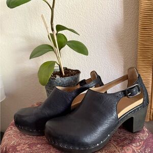 Dansko Black Leather Cutout Mules with Buckle